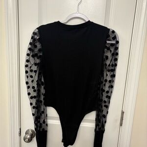 Black Bodysuit with Sheer Polka Dot Sleeves